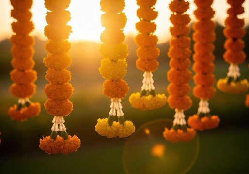 hanging marigold flower garlands backlit by golden sunset. vibrant indian festival celebration like diwali or wedding. dreamy background with copy space.