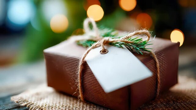 Rustic Christmas gift wrapped in brown paper with twine, pine branch, and blank tag on wooden table