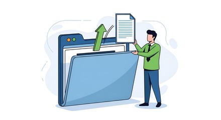 Man uploading document to a folder with green arrow indicating file transfer process illustration
