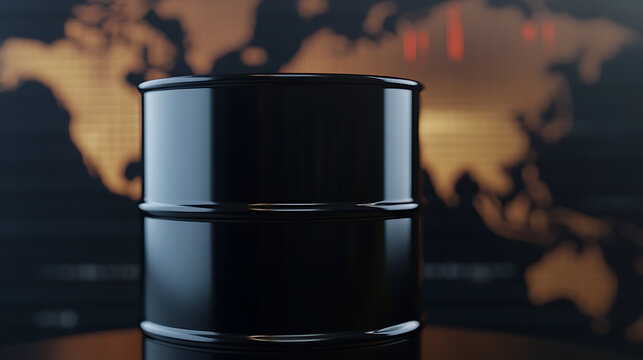 An oil barrel is showcased against a global backdrop, symbolizing the worldwide energy market. It represents crucial resources and the complex network of global trade.