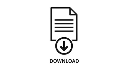 A black and white download icon featuring a document and an arrow pointing downwards for download