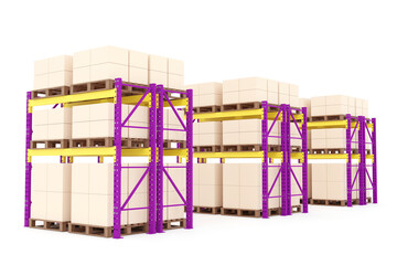 Warehouse pallet racking with cargo boxes and industrial shelving for logistics and supply chain storage. Heavy-duty steel rack system. 3D render.