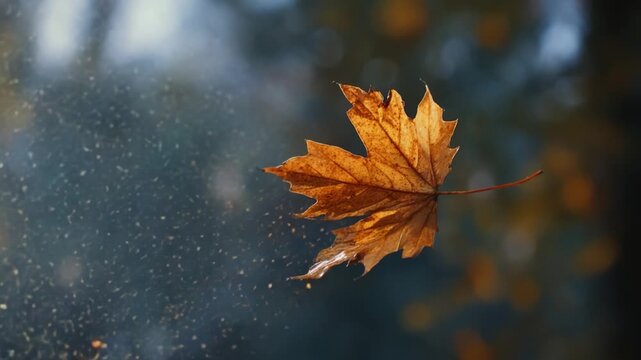 A Beautiful Golden Maple Leaf Gracefully Floating in the Air Amidst a Gentle Breeze, Surrounded by Sparkling Dust in an Enchanting Autumn Wonderland