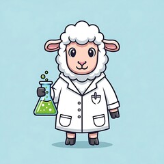 Obraz premium Animated cartoon sheep in a lab coat holding a beaker with bubbling green liquid on a light blue background