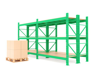 Heavy-duty industrial shelving racks. Steel storage system designed for logistics and inventory management. 3D rendering.