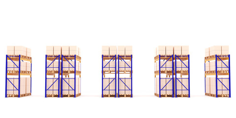 Industrial warehouse racking system with stacked pallet boxes on heavy-duty steel shelves in a logistics storage facility. 3D rendering