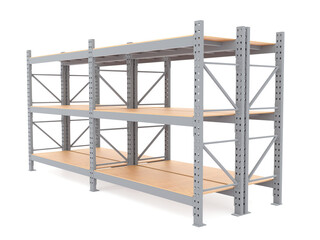 Heavy-duty industrial shelving racks with wooden shelves inside a warehouse. Steel storage system designed for logistics and inventory management. 3D rendering.