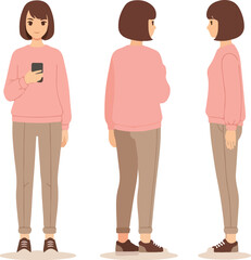 Fototapeta premium Young Woman in Pink Sweater and Brown Pants Posing in Three Views.