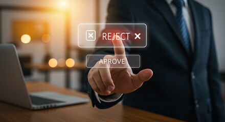 Modern business technology for quality control. A user's finger interacts with a digital touchscreen to deny an application or cancel a process