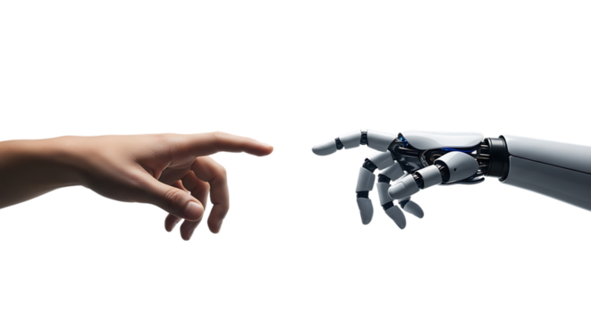 Human Hand and Robotic Arm Reaching Towards Each Other, isolated on a white or transparent background, cutout, PNG