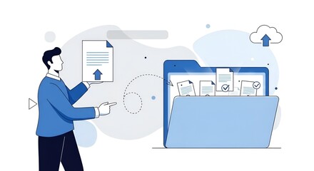 Man uploading document to cloud storage folder with files and checkmarks in a blue and white setting