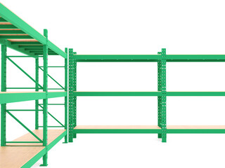 Industrial shelving racks with wooden shelves inside a warehouse. Steel storage system designed for logistics and inventory management. 3D rendering.