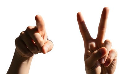 Human hands showing the pointing finger gesture and V-sign for victory isolated on white