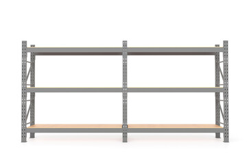 Front view Industrial shelving racks with wooden shelves inside a warehouse. Steel storage system designed for logistics and inventory management. 3D rendering.