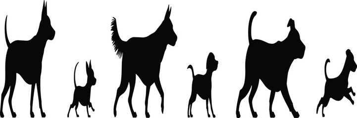 Silhouette of different dog breeds walking and standing, pet collection illustration, black animal vector art for training and design projects.