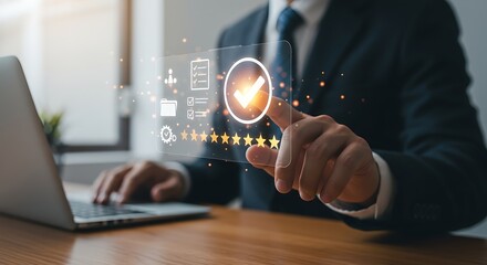 A man using a futuristic holographic interface to approve a project. Digital transformation, quality control, and business process management concept