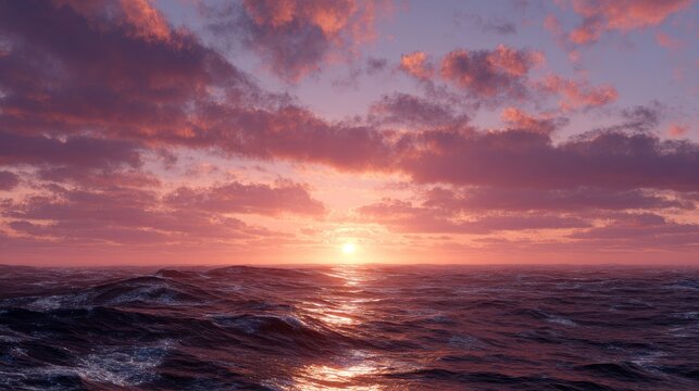 Stunning digital sunrise casts vibrant colors over a vast and immersive virtual ocean scene