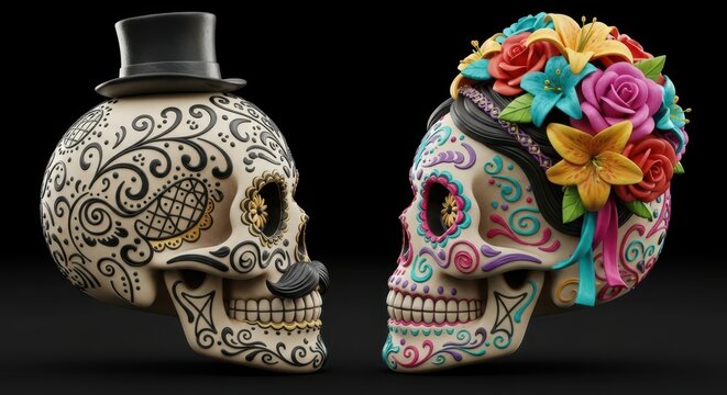 male and female calavera sugar skulls facing each other on black background. day of dead (d&iacute; de los muertos) celebration. mexican holiday tradition. poster, banner, invitation.