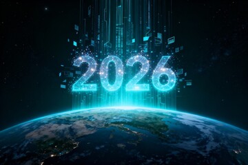 Holographic 2026 projection glowing above planet Earth in space, semi-transparent digital particles and geometric lines rising symmetrically, futuristic high-tech sci-fi atmosphere, blue gradient ligh