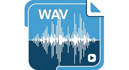 A graphic of a wav file icon with an audio waveform and a play button in shades of blue and white