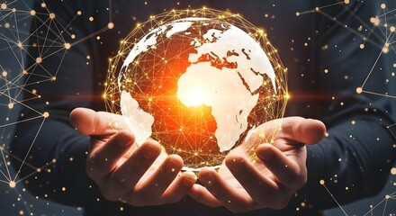 Global Network Connectivity Concept with Hands Holding Digital Glowing Planet Earth