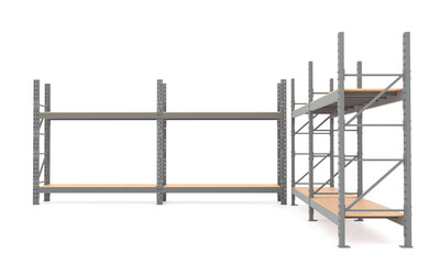 Heavy-duty industrial shelving racks with wooden shelves inside a warehouse. Steel storage system designed for logistics and inventory management. 3D rendering.