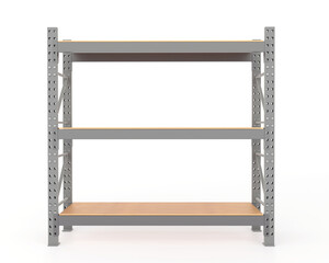 Front view Industrial shelving racks with wooden shelves inside a warehouse. Steel storage system designed for logistics and inventory management. 3D rendering.