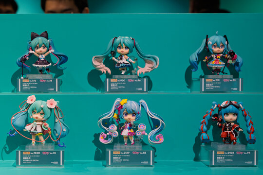 Tokyo, Japan - March 15, 2025: Different designs of Hatsune Miku displayed in a shop in Tokyo, Japan. These dolls are very popular among young people in Japan.