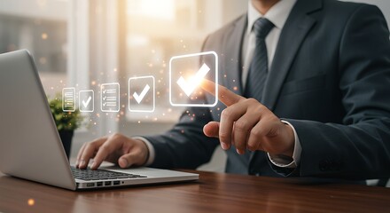 Businessman using a laptop to access a virtual interface for quality assurance, touching a glowing checkmark to symbolize ISO certification and approval