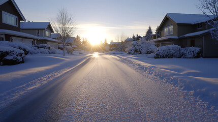 Winter's embrace on a serene street as the sun casts a golden hue on snow-covered houses. A winter wonderland with crisp air and peaceful surroundings.
