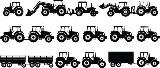 Agricultural tractors, farming vehicles, and trailers collection, black silhouette icons set, machinery equipment design, cad drawing flat vector illustration © Nur Creations