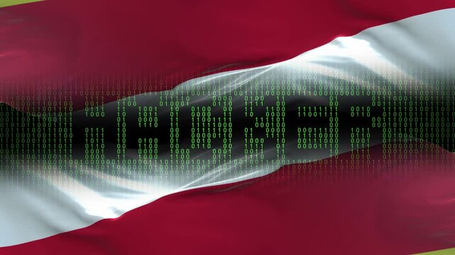 North Ossetia flag - Waving flag on matrix binary code background