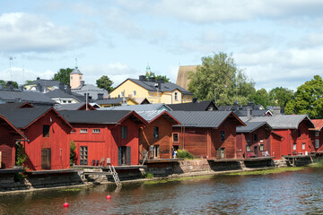 Old town of Porvoo, Finland. Beautiful city landscape with idyllic river and old buildings in Porvoo