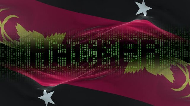 Papua New Guinea flag - Waving flag on matrix binary code background