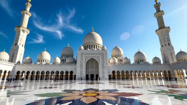 Sheikh Zayed Grand Mosque in Abu Dhabi, Iconic Islamic Architecture with White Domes and Courtyard