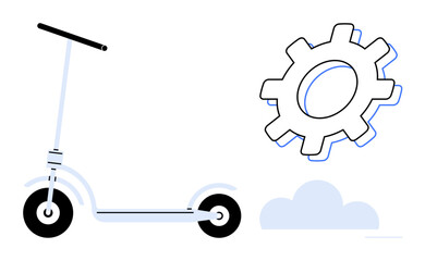 Minimalistic electric scooter design beside a large gear and a soft cloud. Ideal for technology, eco-friendly solutions, innovation, mobility, urban lifestyle, industry, simple flat metaphor