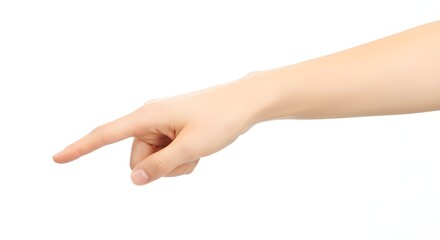Female hand with index finger pointing or pressing down gesture isolated on white background