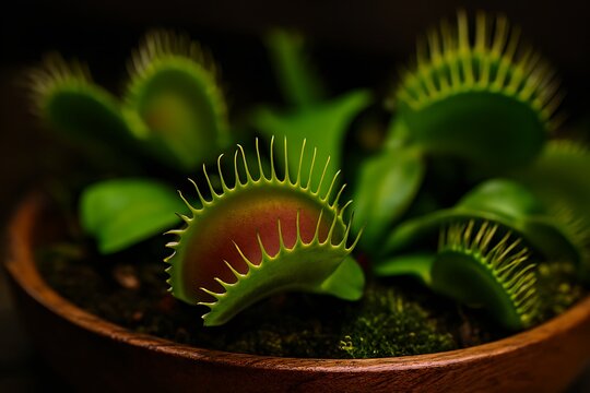 Close up of a venus flytrap plant with open traps.
