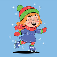Joyful Cartoon Girl Ice Skating