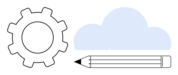 Gear, cloud, and pencil visualizing concepts of creativity, innovation, productivity, cloud computing, collaboration, networking and problem-solving. Ideal for technology design and task
