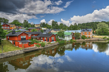 Naklejka premium Old town of Porvoo, Finland. Beautiful city landscape with idyllic river and old buildings in Porvoo