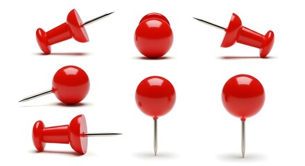 Collection of Red Pushpins and Thumbtacks in Multiple Angles Isolated on White Background
