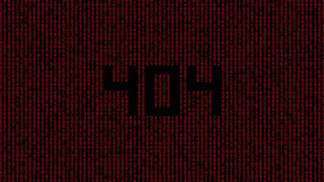 Binary error 404 animation with glitch code and digital failure.