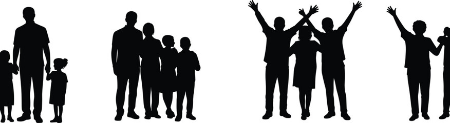 Silhouette of happy family with children raising hands, celebrating unity, togetherness, love, bonding, and joyful relationship concept illustration.