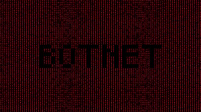 Binary botnet animation with cyber attack and data network flow.