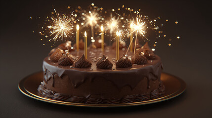 A Delicious Chocolate Cake with Burning Candles and Sparklers