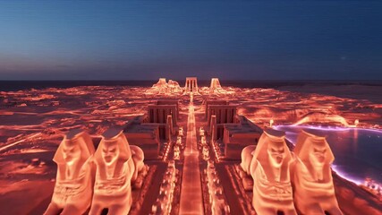 A fantastical, glowing cityscape featuring sphinx-like statues and ethereal light formations against a dark sky - Powered by Adobe