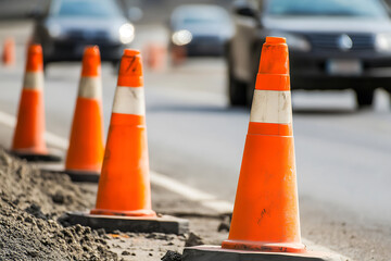 Safety cones guide traffic flow around a road construction site. The bright orange cones and reflective stripes increase visibility for drivers. Construction zone ahead. Drive safely.