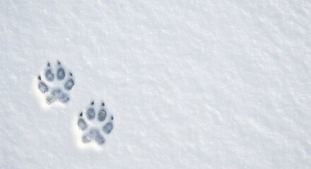 Two animal paw prints visible in fresh snow creating a symmetrical pattern, winter background.