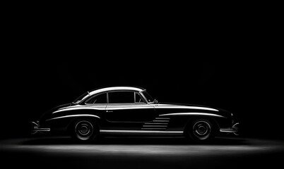 A sleek vintage car is showcased in dramatic lighting against a dark backdrop, highlighting its curves and classic design.